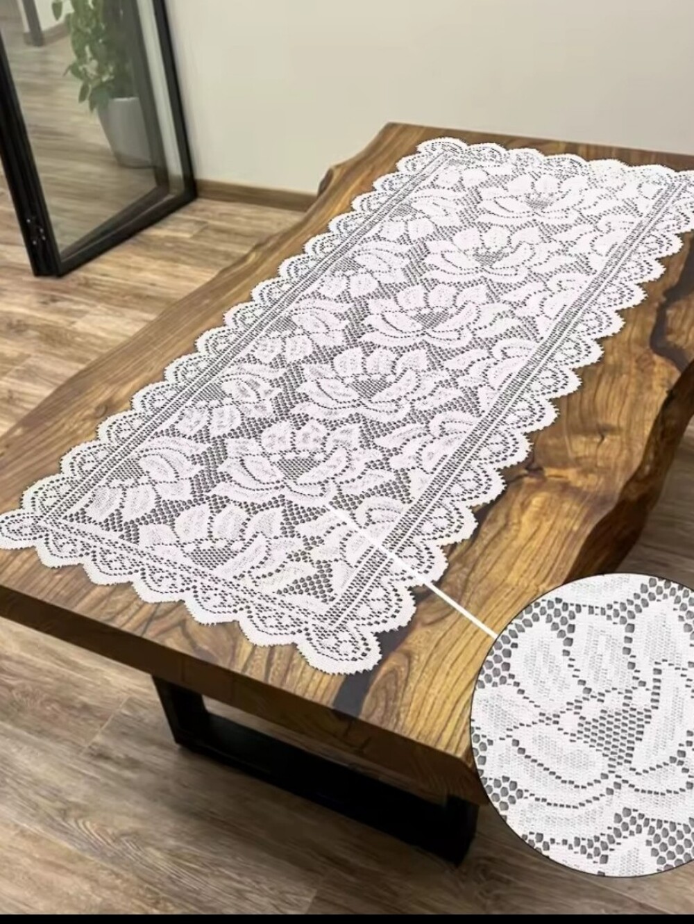 Nordic White-French Lace Tablerunner. 15"x30"